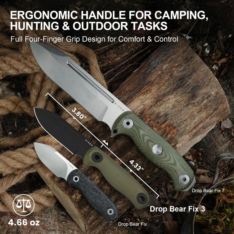 KIZER Drop Bear Fix 3 Fixed Blade Knife, 3.8" D2 Blade EDC Camping Knife with Olive Green G10 Handle, Small Hunting Knives with Sheath, Outdoor Survival Knives with Pocket Clip and Lanyard, 1101M1 - Image 2